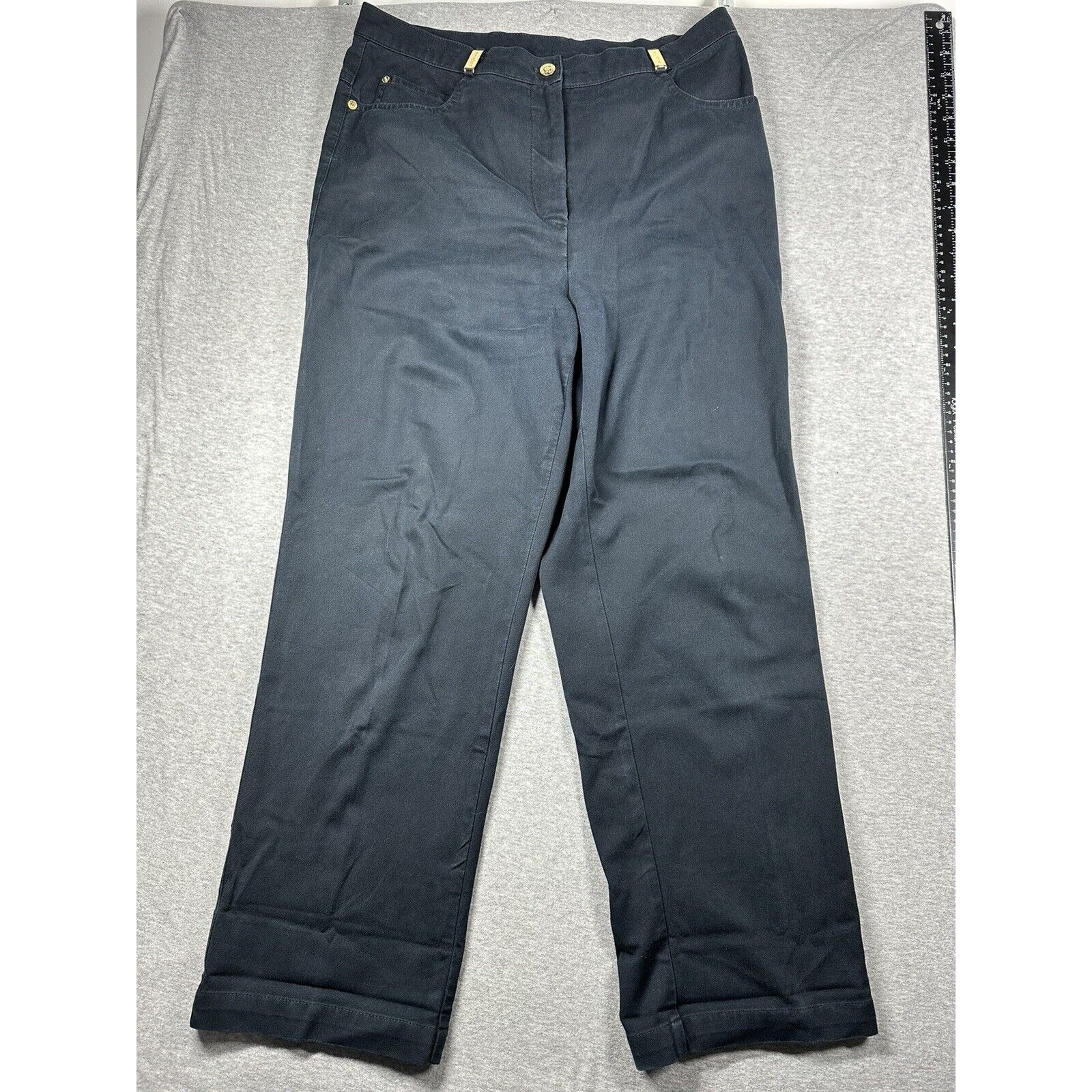 St John Sport Size 12 Black Pants Stretch Cotton Straight Leg High Rise Waist